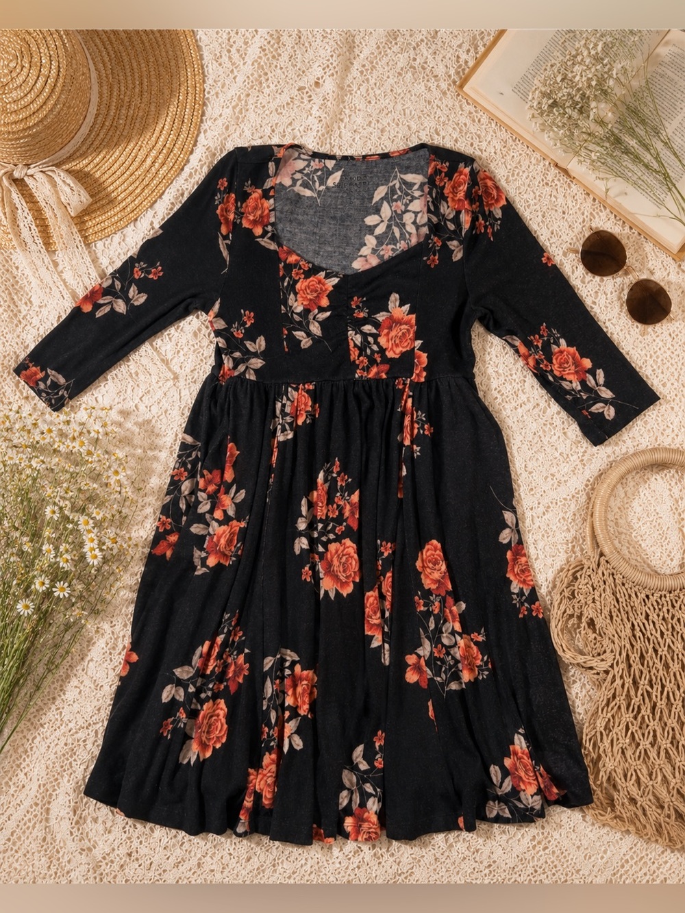 Torrid Super Soft Floral Babydoll Dress Black Stretch 3/4 Sleeve Plus Size 0